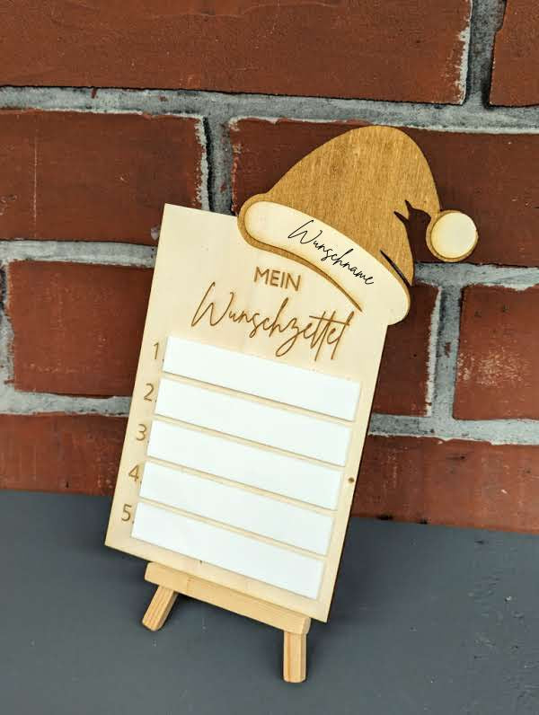 Wiederverwendbaren Wunschzettel aus Holz mit Staffelei - personalisierte Deko für Kinder