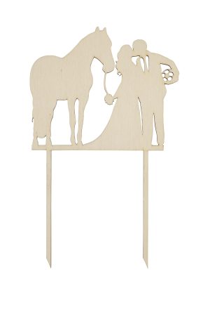 Personalisierte Caketopper für Hochzeit aus Holz, mit Pferd, brautpaar und Ball unterm Arm freigestellt