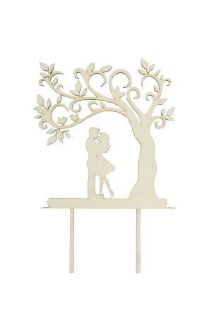 Personalisierte Caketopper für Hochzeit aus holz, Braut kurzes Kleid und Bräutigam unterm Baum freigestellt