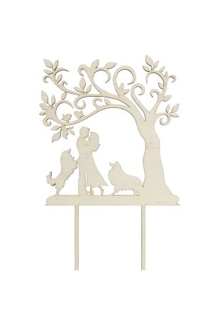 Personalisierte Caketopper für Hochzeiten oder Verlobung aus Holz Baum, Brautpaar, 2 zwei Hunden, Vornamen und Hochzeitsdatum freigestellt