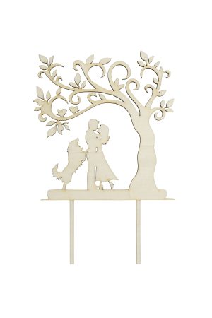 Personalisierte Caketopper für Hochzeiten oder Verlobung aus Holz Baum, Brautpaar, Hund, Vornamen und Hochzeitsdatum freigestellt