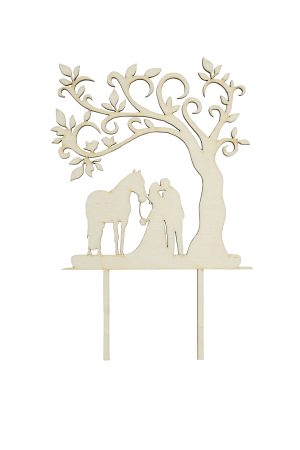 Personalisierte Caketopper für Hochzeiten oder Verlobung aus Holz Baum, Brautpaar, mit Pferd, Initialien und Hochzeitsdatum freigestellt