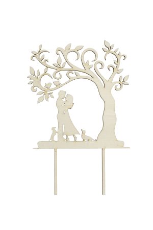 Personalisierte Caketopper für Hochzeiten oder Verlobung aus Holz, Baum, Brautpaar, zwei Hunde, Vornamen und Hochzeitsdatum freigestellt