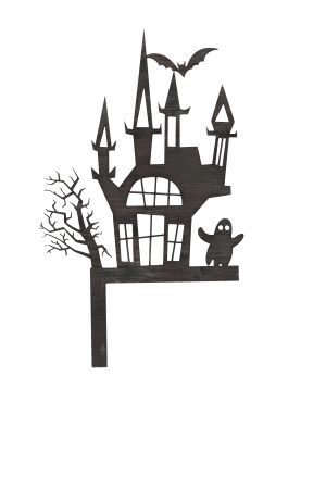 Halloween Türdeko mit Gruselhaus und Gespenst schwarz freigestellt