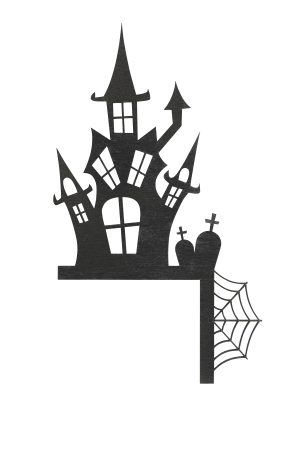 Halloween Türdeko mit Gruselhaus und Grabsteine schwarz freigestellt