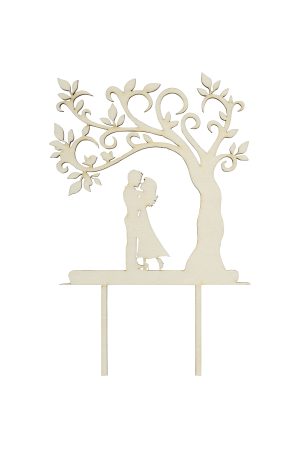 Personalisierte Caketopper für Hochzeit aus Holz, Brautpaar unter filigranem Baum zum gestalten freigestellt