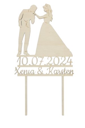 Personalisierte Caketopper für Hochzeiten aus Holz mit Brautpaar Handkuss langes Kleid Datum Namen freigestellt