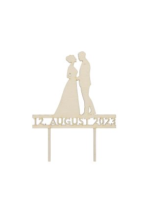Personalisierte Caketopper für Hochzeiten aus Holz mit Brautpaar langes Kleid und Datum freigestellt
