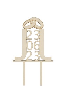 Personalisierte Caketopper für Hochzeiten oder Jahrestage aus Holz mit Datum und Eheringen freigestellt
