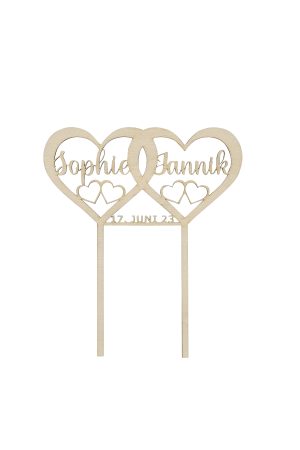 Personalisierte Caketopper für Hochzeiten oder Jahrestage aus Holz mit Namen in zwei Herzen freigestellt