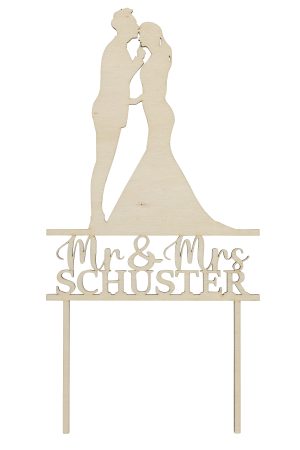 Personalisierte Caketopper für Hochzeiten oder Jahrestage aus Holz mit küssendem Brautpaar und Namen freigestellt