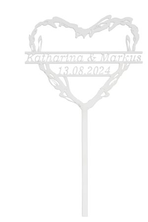 Personalisierte Caketopper für Hochzeiten oder Valentinstag aus weißem Acryl, Designherz, Vornamen und Datum freigestellt