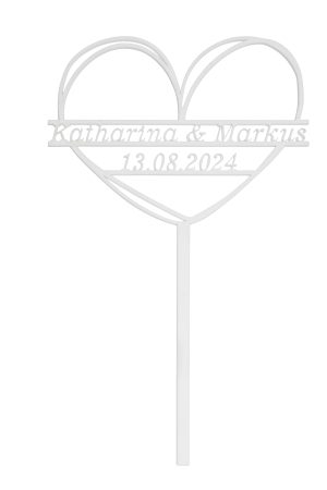Personalisierte Caketopper für Hochzeiten oder Valentinstag aus weißem Acryl mit Vornamen und Datum im großem doppelten Herz