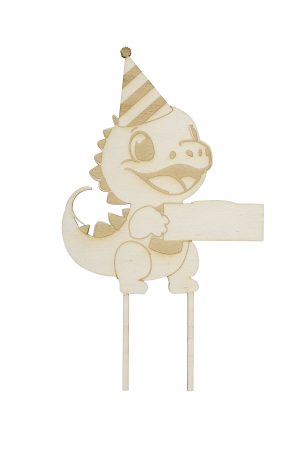 Personalisierte Caketopper für Kinder Geburtstag aus Holz mit Baby Drache mit Hütchen, Dino und Vorname freigestellt