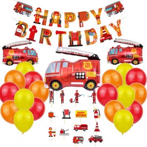 Ballon Set Feuerwehr, mit Girlande Happy Birthday, feuerwehrautos Ballons, rote, gelbe, orangene Ballons, Cup Cake Topper, Kindergeburtstag feuerwehr Mottoparty