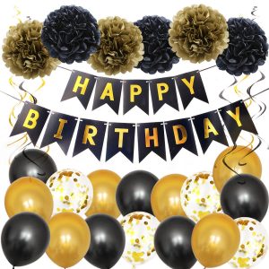 Happy Birthday Erwachsenengeburtstags Set, Happy Birthday Girlande, Luftballons in schwarz, gold, weiß-gold, Partyset