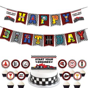 Happy Birthday Girlande, Cup Cake Topper Rennauto, Kindergeburtstag, Mottoparty Motorsport