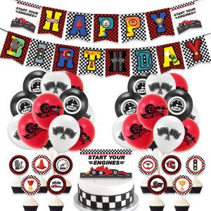 Luftballon Set Rennauto mit Happy Birthday Girlande, Ballons, Cup Cake Topper Rennauto, Kindergeburtstag, Mottoparty Motorsport